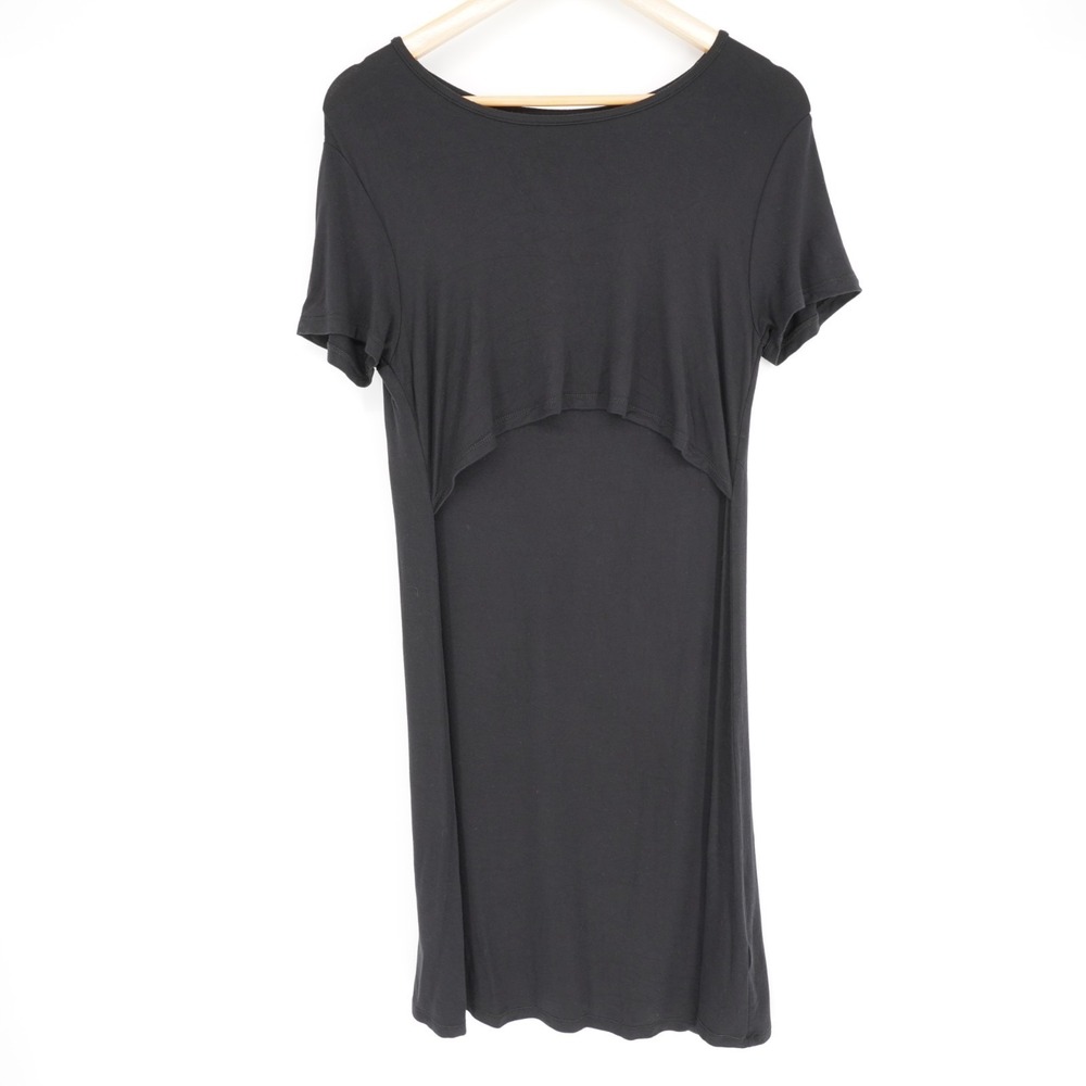 Quince Midi Dress Womens S Black Stretch Minimalist Layered Casual Short Sleeve